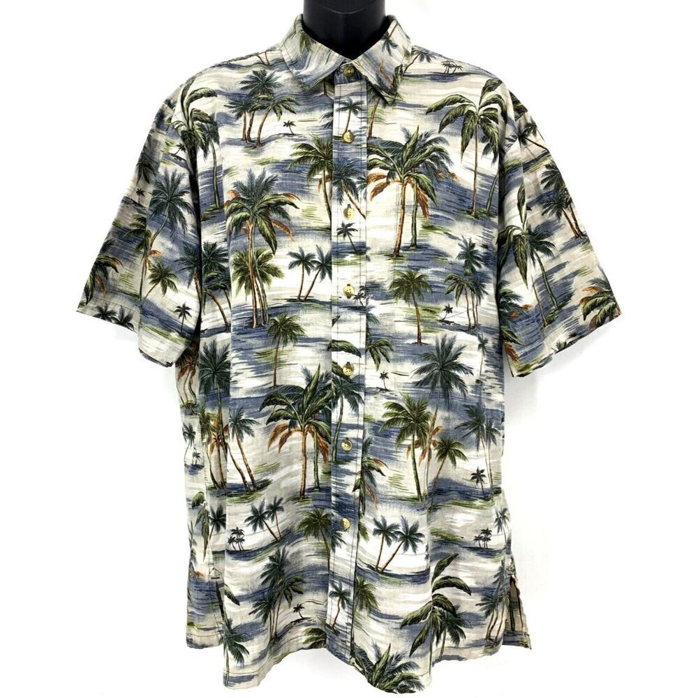 Ono Company Men Hawaiian Shirt Large Collar Short Sleeve Palm Tree Button Aloha